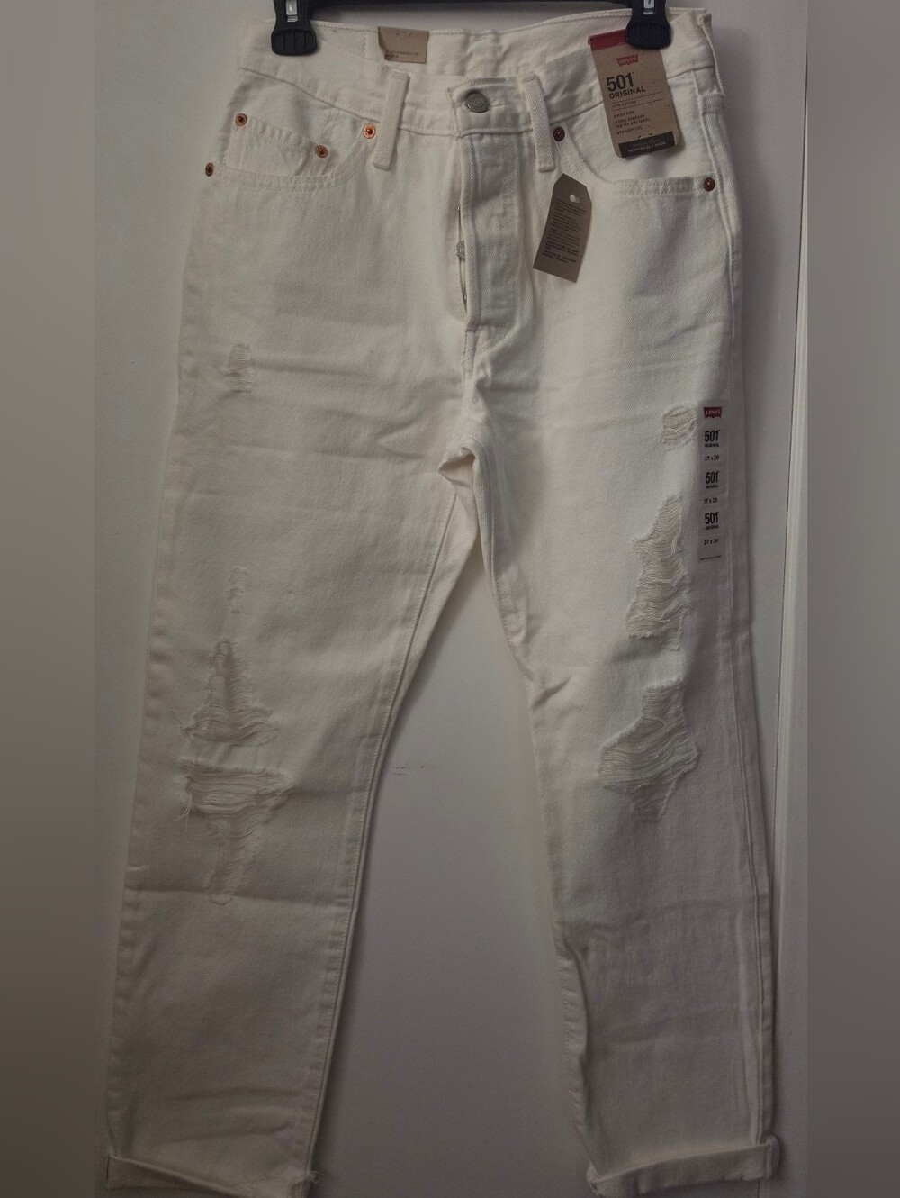 Levi's White Straight Leg Distressed Jeans